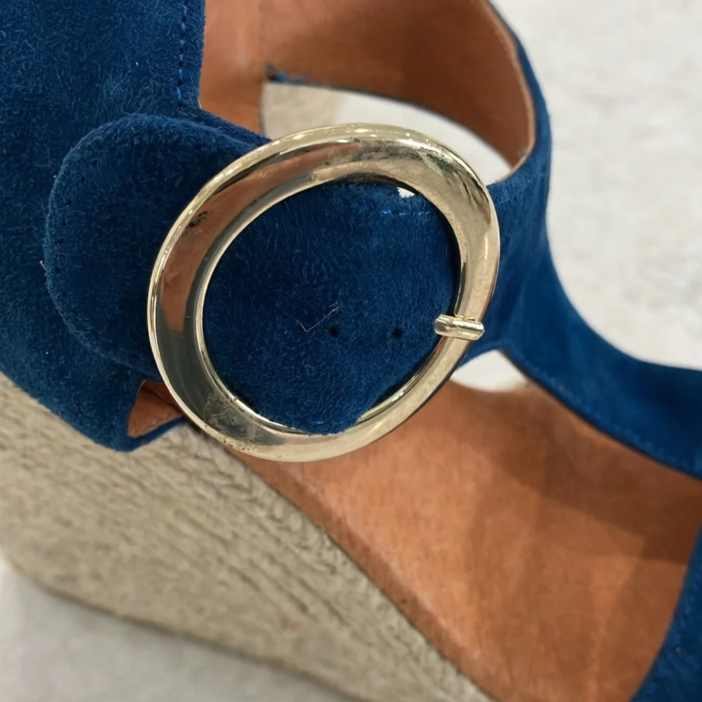 Anthropologie Maypol Blue Suede Platform Wedge Espadrille Sandals Sz 39-‎ NWOT